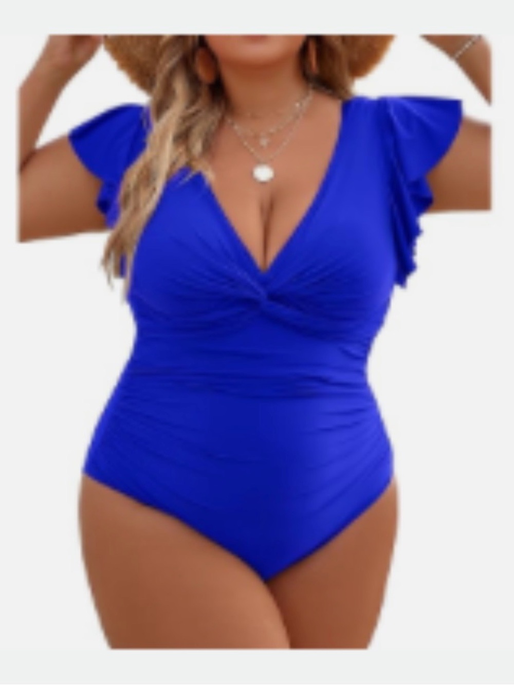 Plus-Size Royal Blue One-Piece Swimsuit with Flutter Sleeves